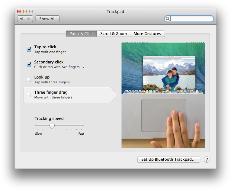 Screenshot showing preferences->trackpad on OS X